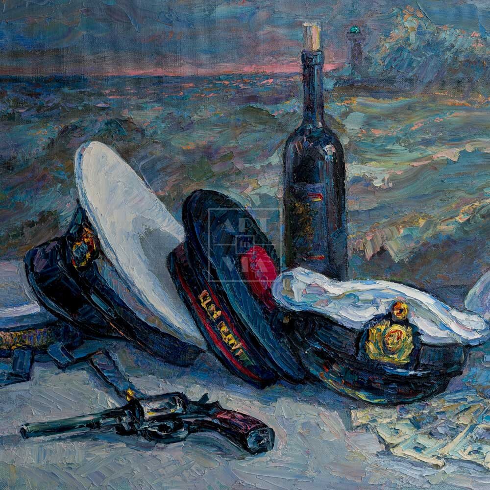Фрагмент 1 из 3. Натюрморт с фуражками и гранатой купить картину Попова А.