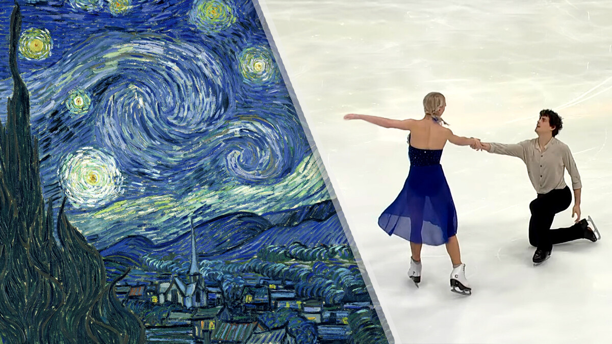 Фрагмент картины "Звёздная ночь" художника Винсента ван Гога, 1889 г. и фрагмент из видео, выступление Пайпер Гиллес и Поля Пуарье, произвольная программа "Винсент", 2019
